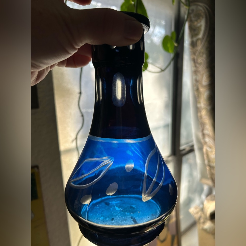 Blue Glass Vase with Leaf Design